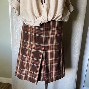 Brown Plaid A-Line Skirt with Front Pleat